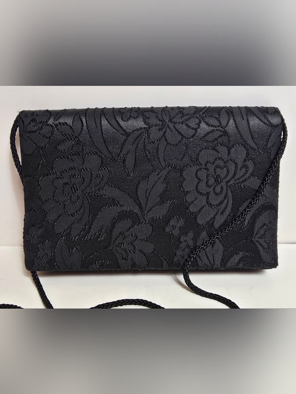 Elegant Carla Marchi Black Floral Satin Evening Clutch